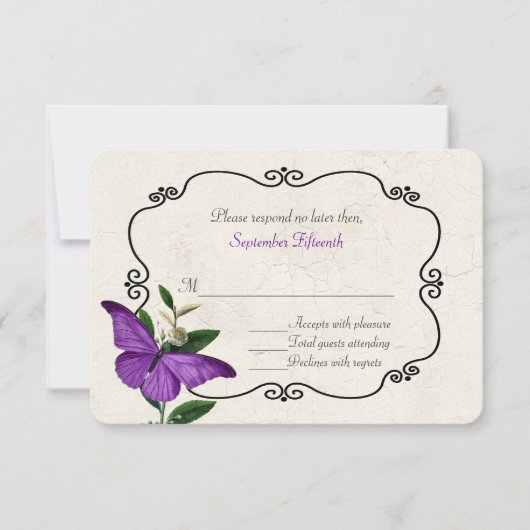 Chic  Paarse Butterflies Wedding RSVP Card (Voorkant)