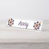 Chic Paarse Cream Bloemen Naam Bureau Naambordje (Voorkant)
