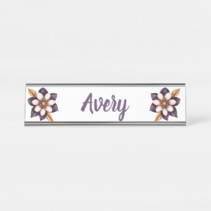 Chic Paarse Cream Bloemen Naam Bureau Naambordje