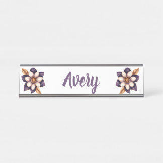 Chic Paarse Cream Bloemen Naam Bureau Naambordje