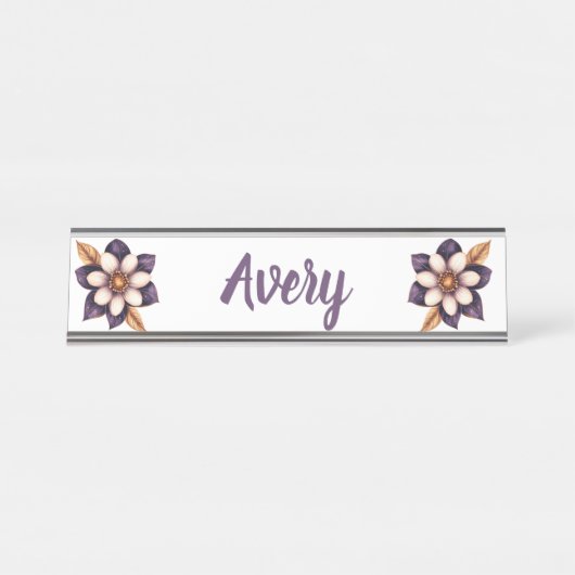 Chic Paarse Cream Bloemen Naam Bureau Naambordje (Voorkant)