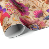 Chic paarse crème bloemmotief cadeaupapier (Rol Hoek)