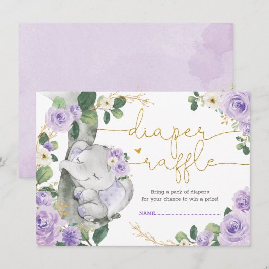 Chic Paarse Floral Elephant Shower Diaper Raffle Informatiekaartje (Voorkant / Achterkant)