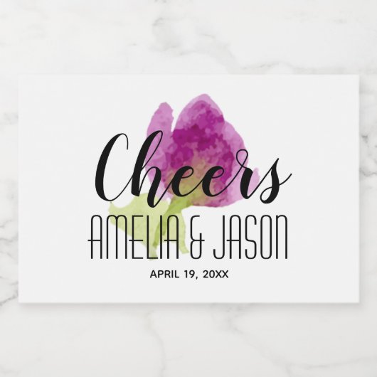 Chic Paarse Flower Waterverf Mini Sparkling Wijnetiket (Enkel label)