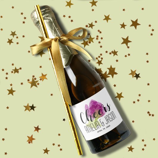 Chic Paarse Flower Waterverf Mini Sparkling Wijnetiket