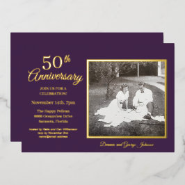 Chic Paarse Foto 50e Jubileum Goud Folie Uitnodiging