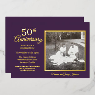 Chic Paarse Foto 50e Jubileum Goud Folie Uitnodiging
