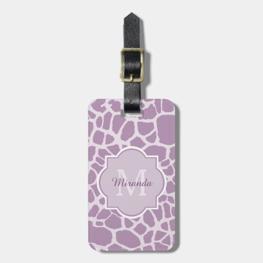 Chic Paarse Giraffe afdrukken met monogram en naam Bagagelabel (Voorkant verticaal)