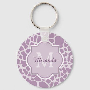 Chic Paarse Giraffe afdrukken met monogram en naam Sleutelhanger
