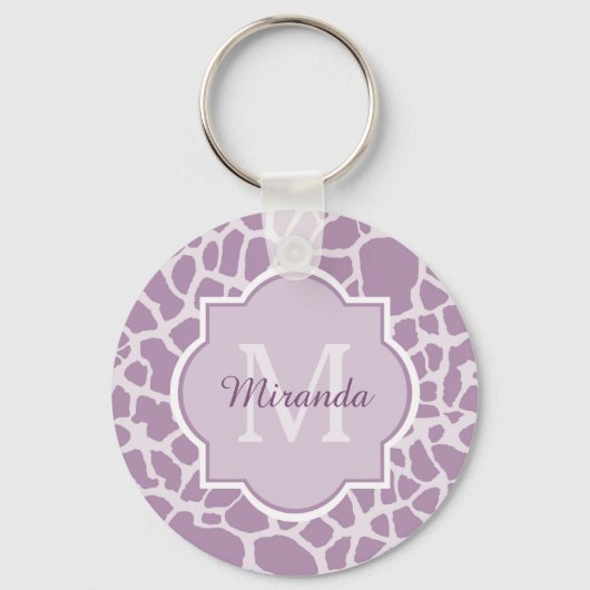 Chic Paarse Giraffe afdrukken met monogram en naam Sleutelhanger (Voorkant)