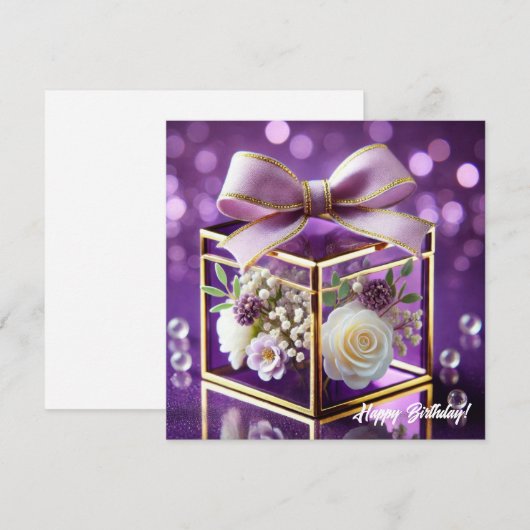 Chic paarse glazen bloemen cadeau gouden chiffon b feestdagenkaart (Voorkant / Achterkant)