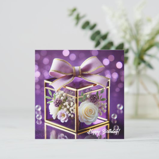 Chic paarse glazen bloemen cadeau gouden chiffon b feestdagenkaart (Staand voorkant)