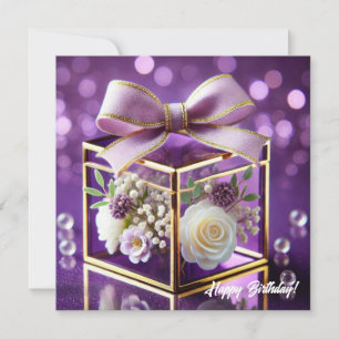 Chic paarse glazen bloemen cadeau gouden chiffon b feestdagenkaart