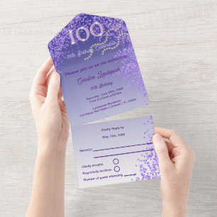 Chic Paarse Glitter 100e Happy Birthday All In One Uitnodiging