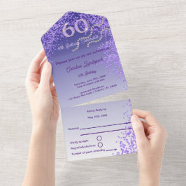 Chic Paarse Glitter 60e Gelukkige Verjaardag All In One Uitnodiging