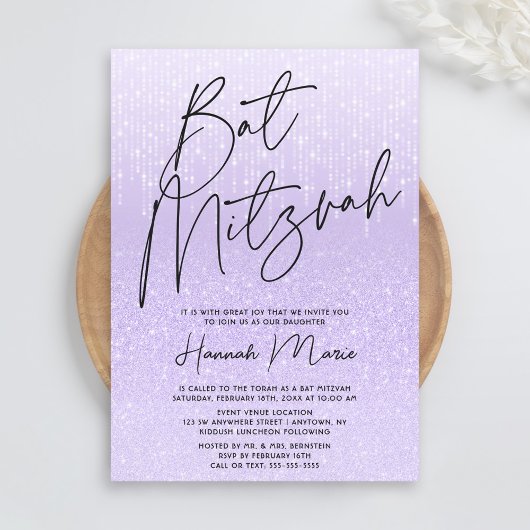 Chic Paarse Glitter Bat Mitzvah Kaart