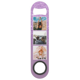 Chic paarse glitter lavender 3 foto grid monogram speed flessenopener