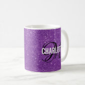 Chic paarse glitter monogram naam koffie mok (Voorkant rechts)