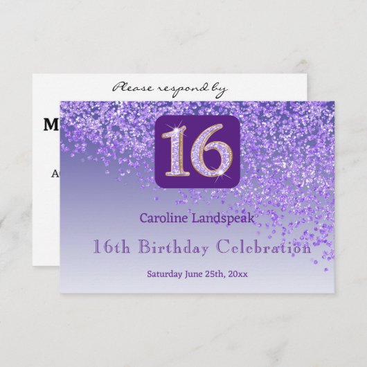 Chic Paarse glitter, zestien verjaardag RSVP (Voorkant / Achterkant)