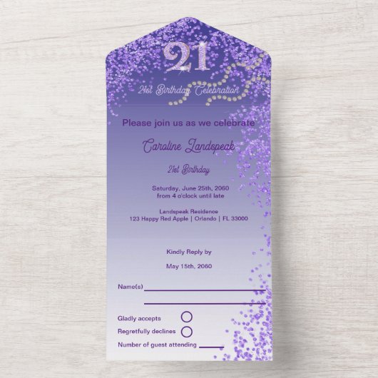 Chic Paarse Glitters 21e Verjaardag All In One All In One Uitnodiging (Binnen)