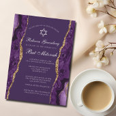Chic Paarse Gold Agate Bat Mitzvah Party Kaart