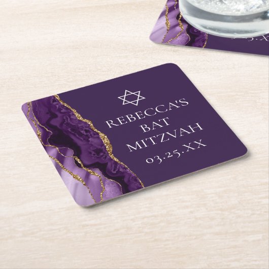 Chic Paarse Gold Agate Bat Mitzvah Party Kartonnen Onderzetters (Schuin)