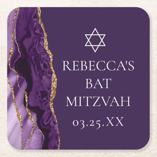 Chic Paarse Gold Agate Bat Mitzvah Party Kartonnen Onderzetters (Voorkant)