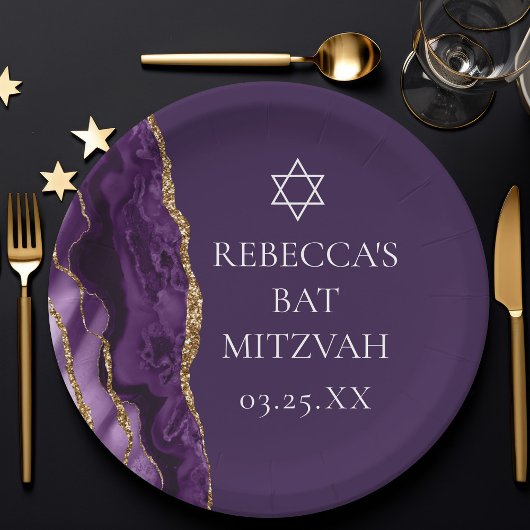 Chic Paarse Gold Agate Bat Mitzvah Party Papieren Bordje
