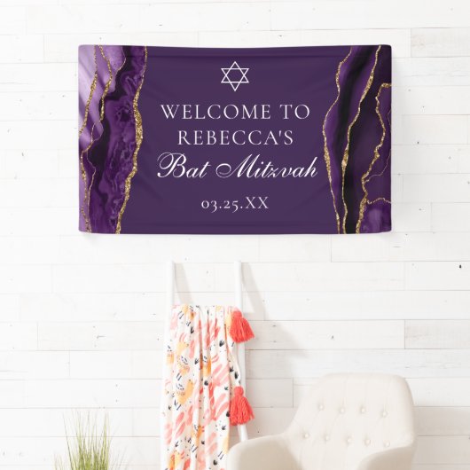 Chic Paarse Gold Agate Bat Mitzvah Party Spandoek (Insitu)