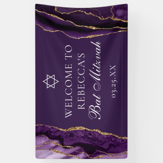 Chic Paarse Gold Agate Bat Mitzvah Party Spandoek (Verticaal)