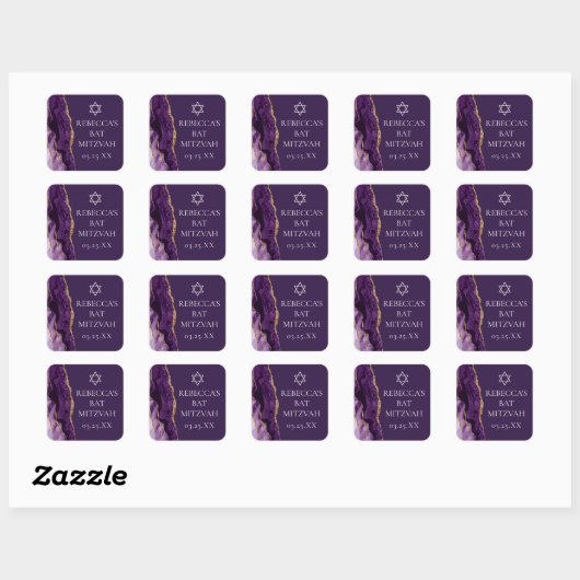 Chic Paarse Gold Agate Bat Mitzvah Party Vierkante Sticker (Vel)