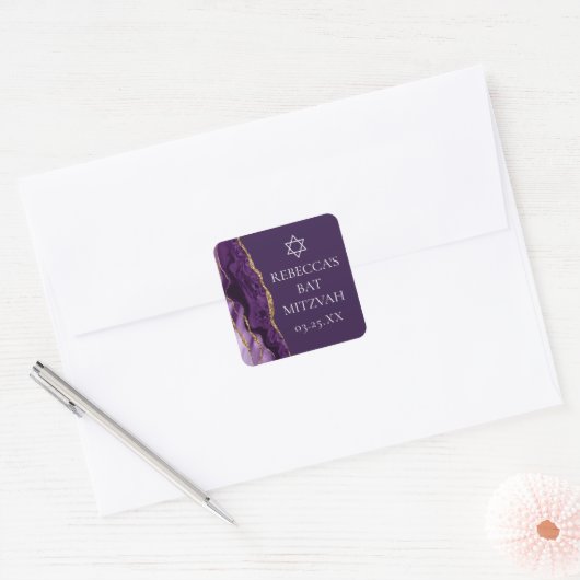 Chic Paarse Gold Agate Bat Mitzvah Party Vierkante Sticker (Envelop)