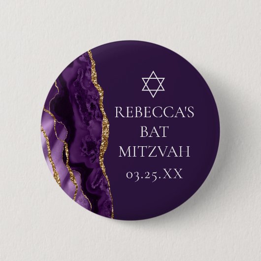 Chic Paarse Gouden Agaat Bat Mitzvah Party Button (Voorkant)