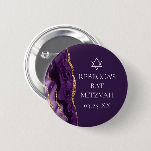 Chic Paarse Gouden Agaat Bat Mitzvah Party Button (Voorkant /achterkant)