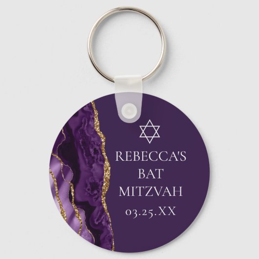 Chic Paarse Gouden Agaat Bat Mitzvah Party Custom Sleutelhanger (Voorkant)