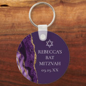 Chic Paarse Gouden Agaat Bat Mitzvah Party Custom Sleutelhanger (Voorkant)