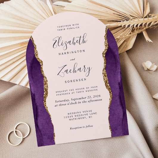 Chic Paarse Gouden Agaat Boog Blush Wedding Kaart