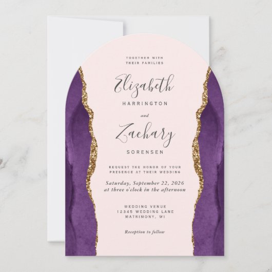 Chic Paarse Gouden Agaat Boog Blush Wedding Kaart (Voorkant)