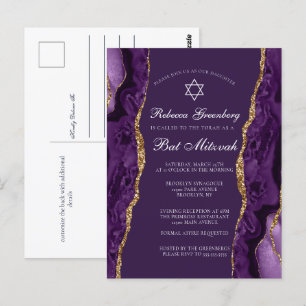Chic paarse gouden Bat Mitzvah-feestuitnodiging Briefkaart