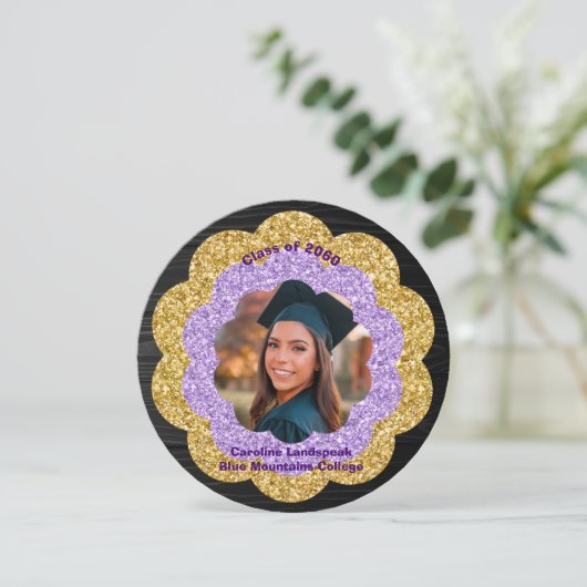 Chic Paarse Gouden Bloemen Foto Afstudeerfeest Kaart (Staand voorkant)