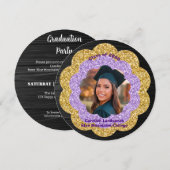 Chic Paarse Gouden Bloemen Foto Afstudeerfeest Kaart (Voorkant / Achterkant)