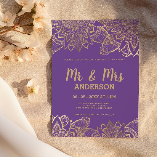 Chic paarse gouden script MR MRS mandala Wedding Kaart