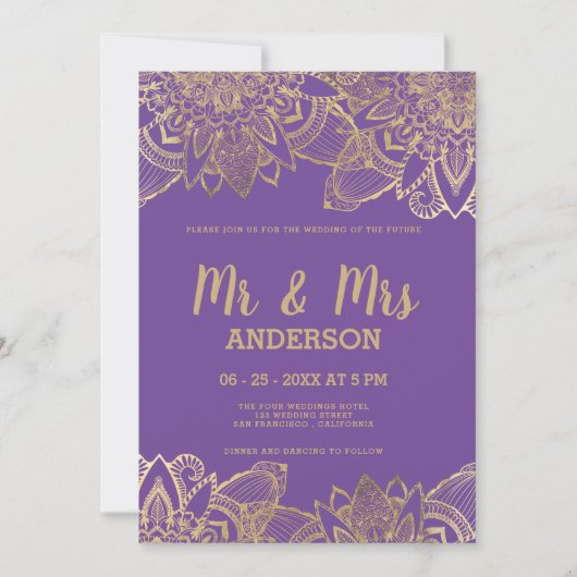 Chic paarse gouden script MR MRS mandala Wedding Kaart (Voorkant)