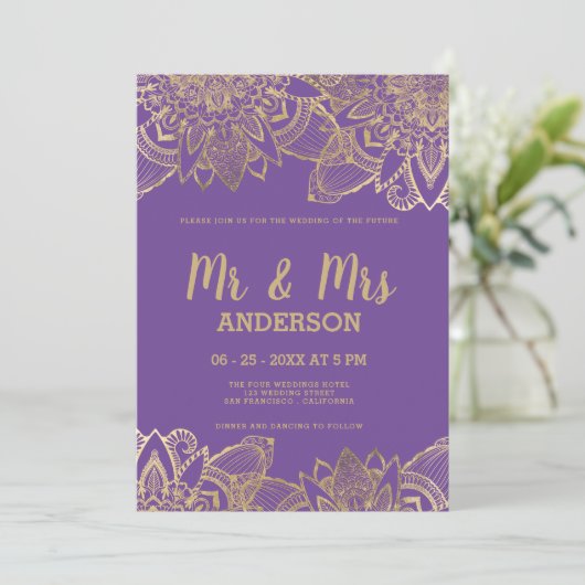 Chic paarse gouden script MR MRS mandala Wedding Kaart (Staand voorkant)
