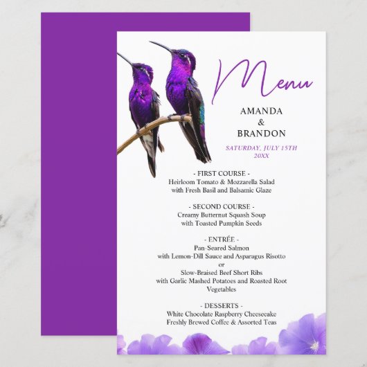 Chic Paarse kolibries en bloemblaadjes bruiloft (Voorkant / Achterkant)