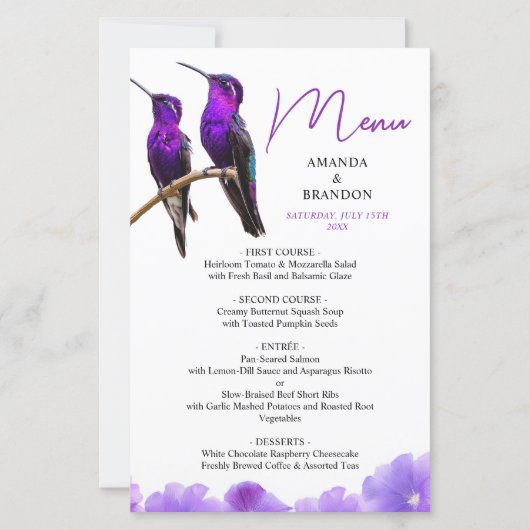 Chic Paarse kolibries en bloemblaadjes bruiloft (Voorkant)
