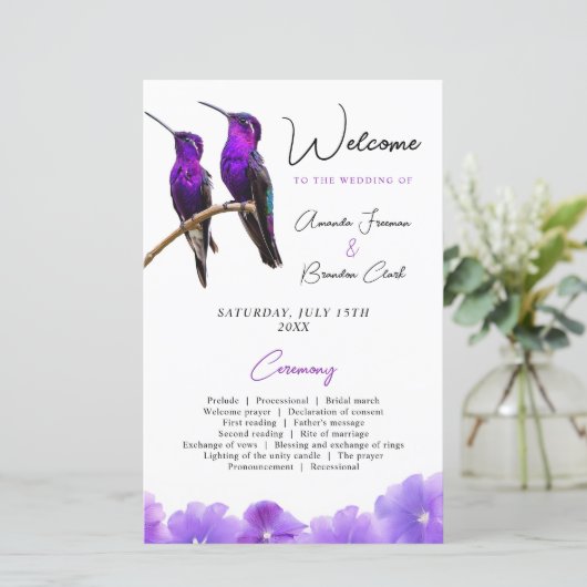 Chic Paarse kolibries en bloemblaadjes bruiloft (Staand voorkant)