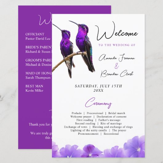 Chic Paarse kolibries en bloemblaadjes bruiloft (Voorkant / Achterkant)