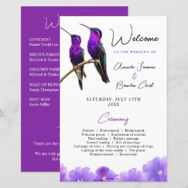 Chic Paarse kolibries en bloemblaadjes bruiloft