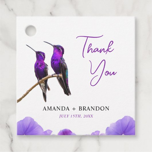Chic Paarse kolibries en bloemblaadjes bruiloft Bedankjes Labels (Voorkant)